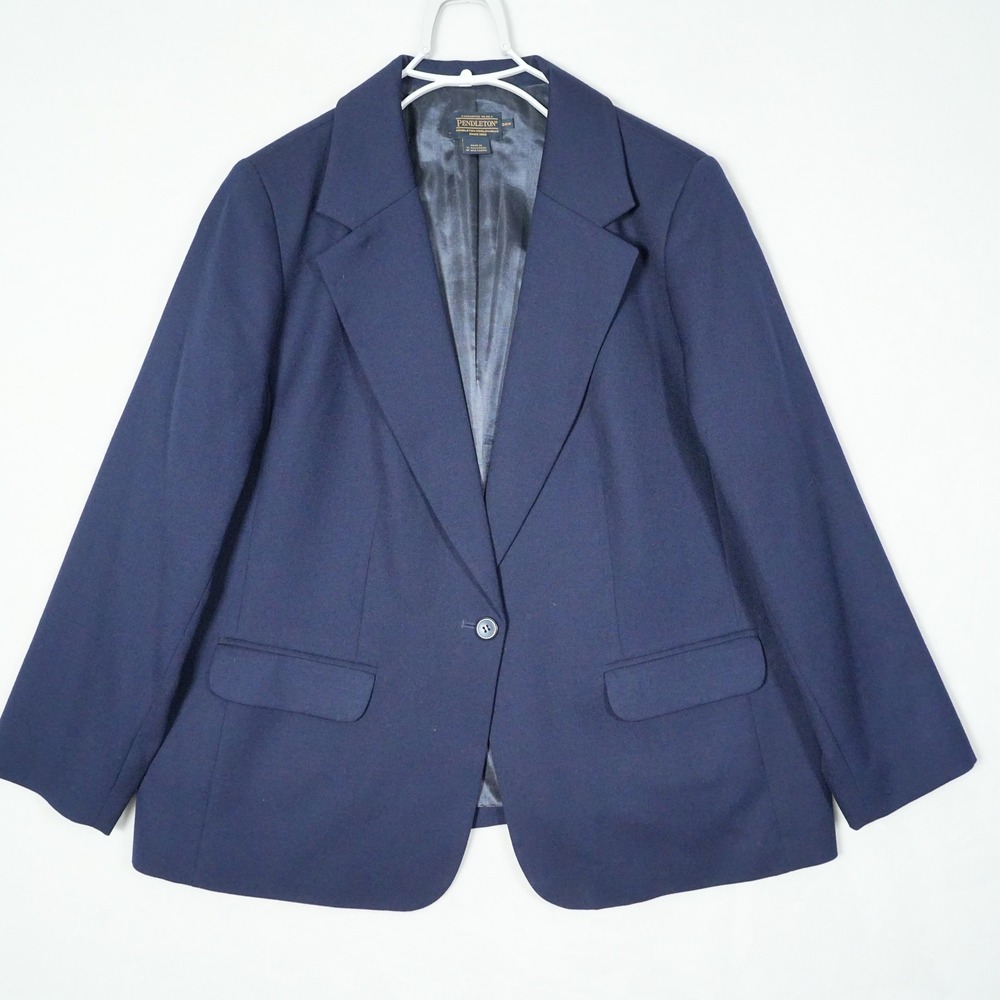 Pendleton Womens 20W Navy Blue 100% Virgin Wool Single Button Blazer Jacket